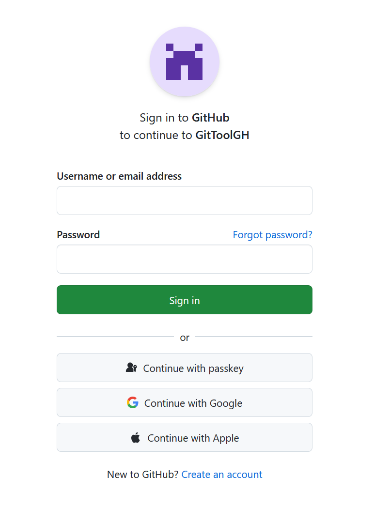 GitHub sign-in page asking the user to sign in to continue to GitToolGH